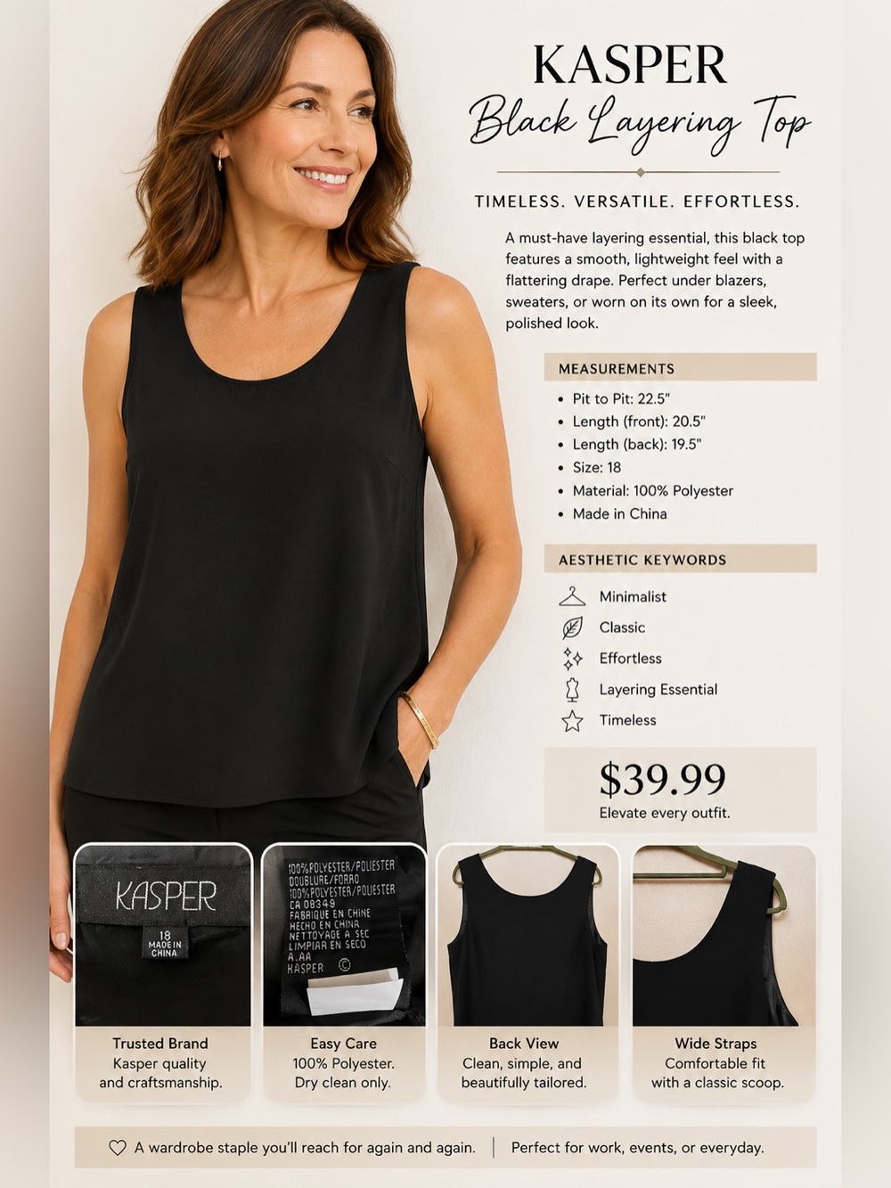 Kasper Black Scoop Neck Sleeveless Shell Tank